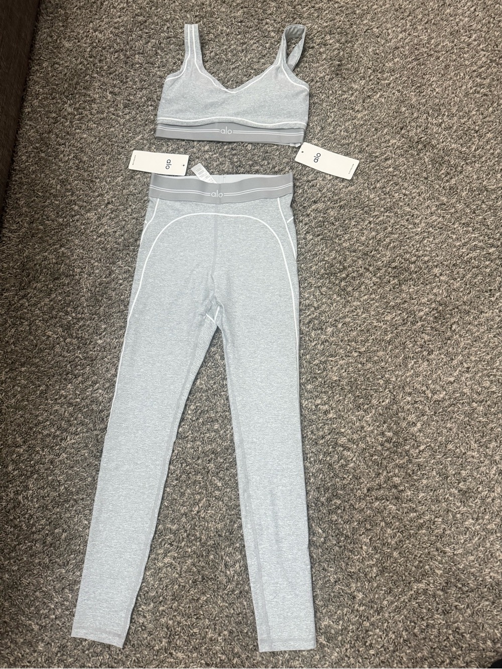 ALO Yoga Light Gray Seamless Leggings & Sports Bra Set